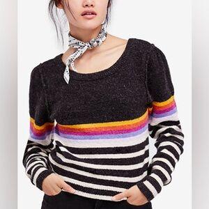 Free People Black Multicolor Striped Sweater